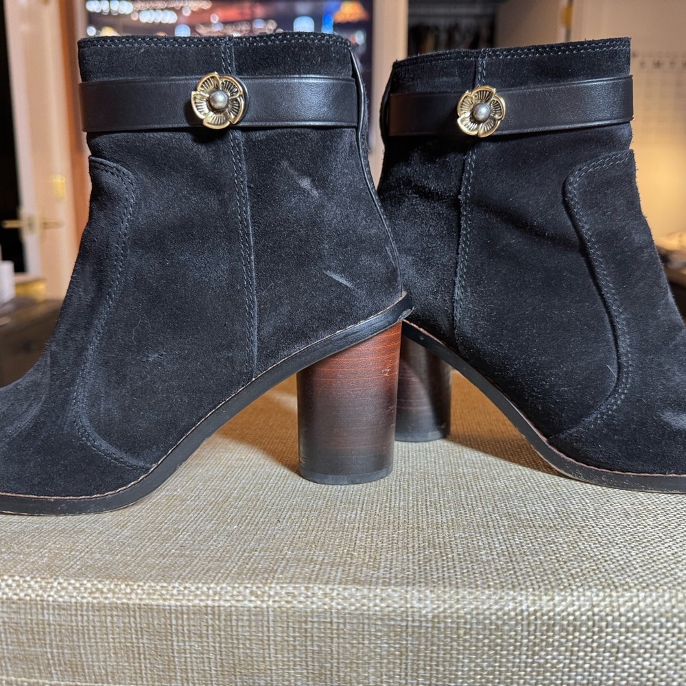 Coach Black Suede Ankle Boots with Gold Accent